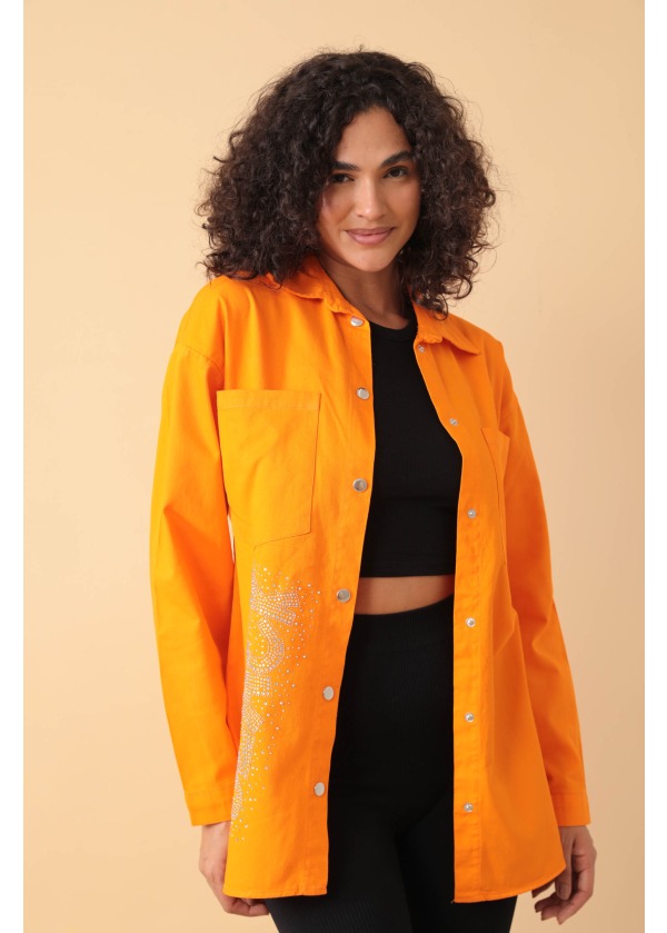 Yazı Taş Baskı Kadın Turuncu Oversize Gömlek