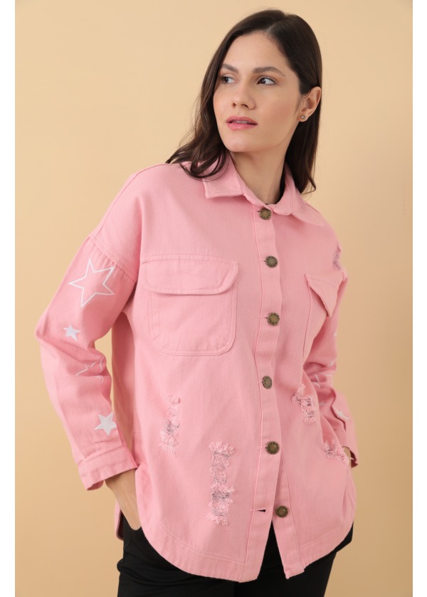 Çift Cepli Düğmeli Yıldız Baskı Detay Kadın Pembe Gömlek