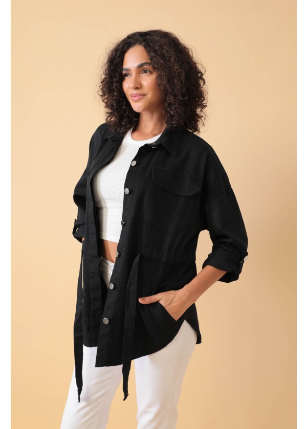Belden Bağlamalı Kuşak Detaylı Siyah Kadın Gömlek