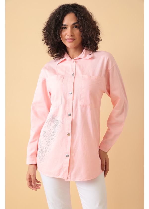 Yazı Taş Baskı Kadın Pembe Oversize Gömlek 