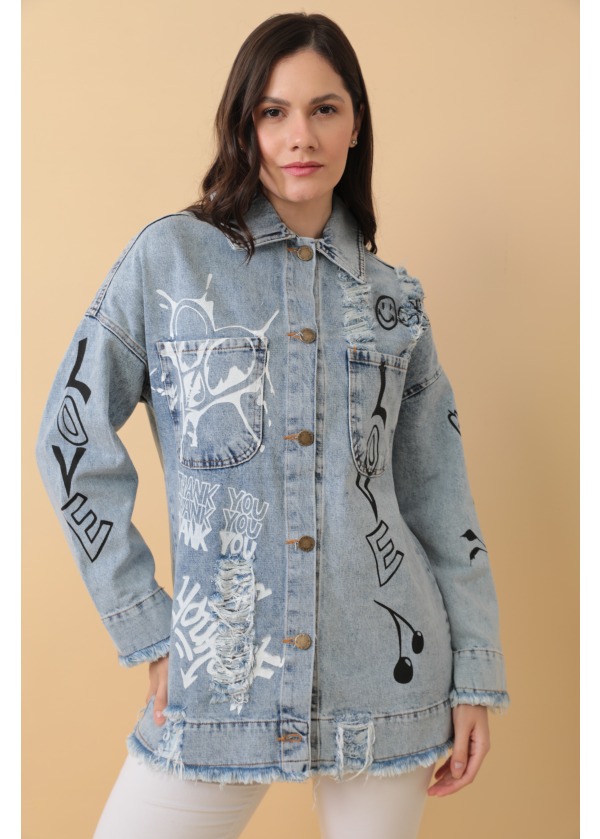 Tasarım El Baskı Detaylı Denim Kot Ceket