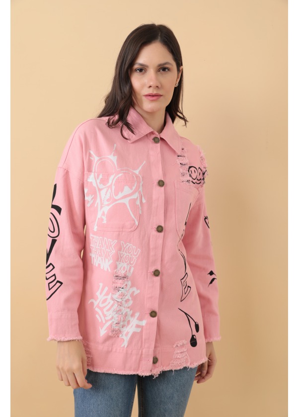 Tasarım El Baskı Detaylı Denim Pembe Kot Ceket