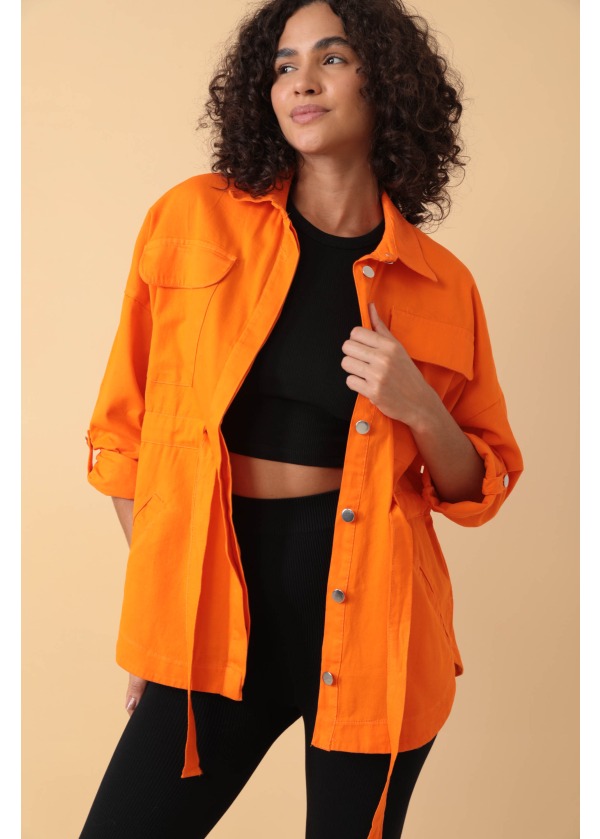 Belden Bağlamalı Kuşak Detaylı Turuncu Kadın Ceket 