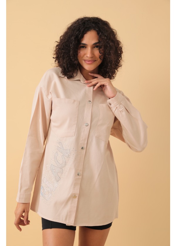 Yazı Taş Baskı Kadın Taş Oversize Gömlek 