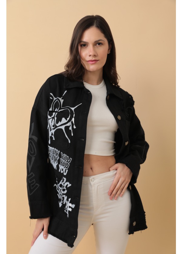 Tasarım El Baskı Detaylı Denim Siyah Kot Ceket