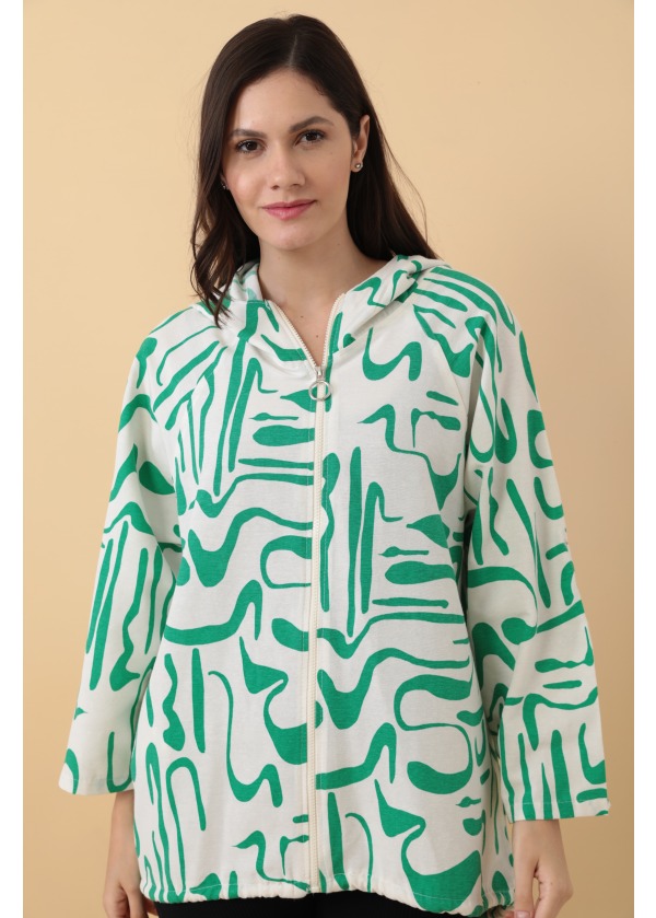  Desenli Kapüşonlu Cep Detay Yeşil Kadın Salaş Ceket 