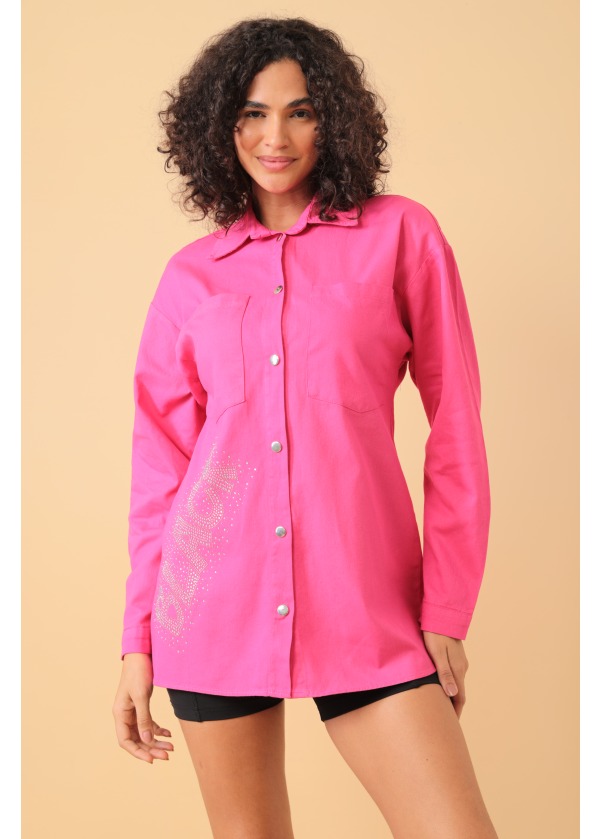 Yazı Taş Baskı Kadın Fuşya Oversize Gömlek 