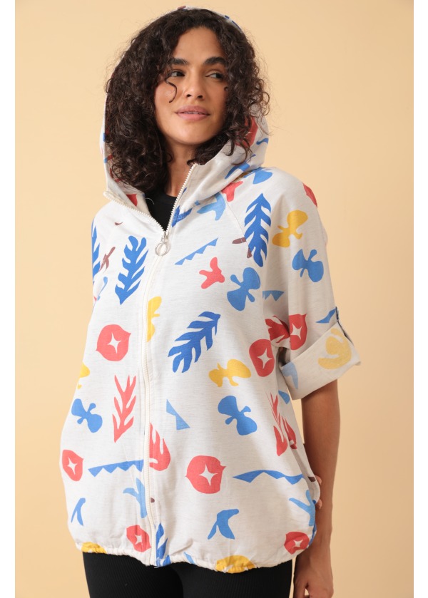  Desenli Kapüşonlu Cep Detay Kadın Salaş Ceket 