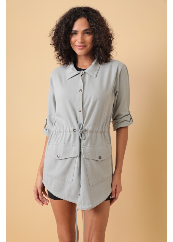 Sırt Baskı Detaylı Belden Bağlamalı Cift Cepli Düğmeli Gri Uzun Salaş Gömlek