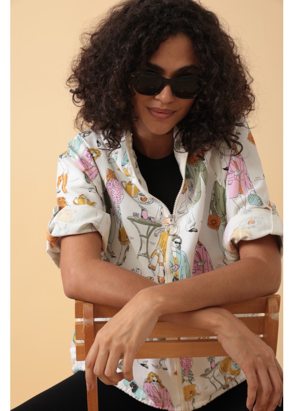 Kız Baskı Uzun Salaş Fermuarlı Kapüşonlu Cepli Ceket