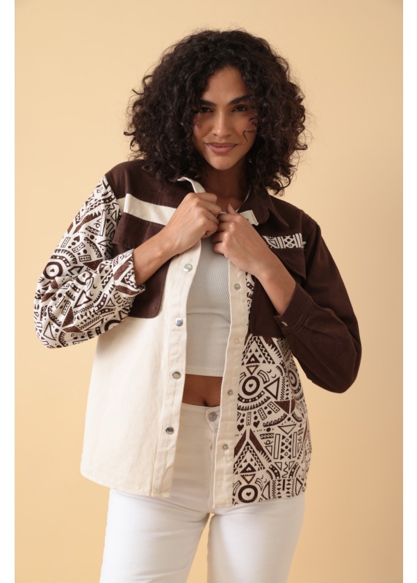 Desen Detaylı Cepli Şık Kadın Kahve Gömlek