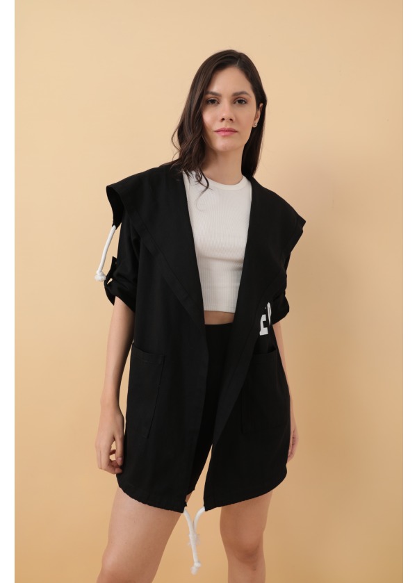 Baskılı Gabardin Kadın Siyah Salaş Ceket 