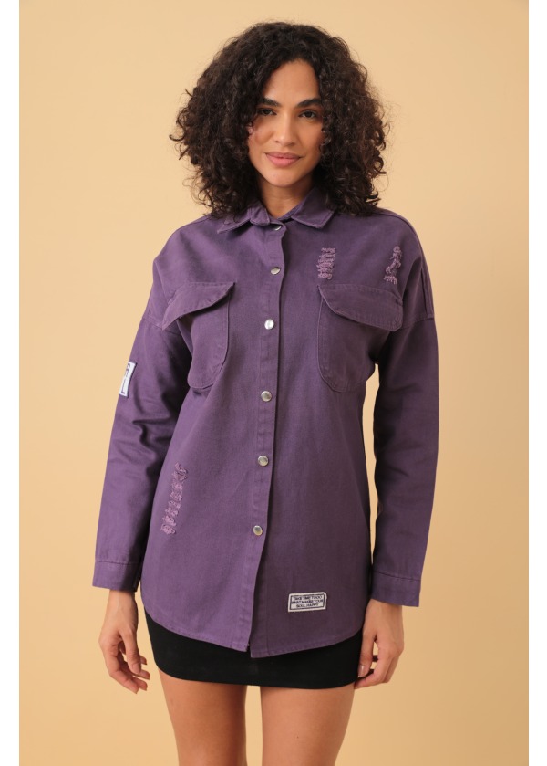 Eskitmeli Oversize Gabardin Mor Kadın Gömlek 