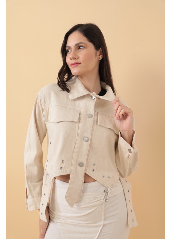 Tasarım Kadın Ekru Kot Crop Ceket 