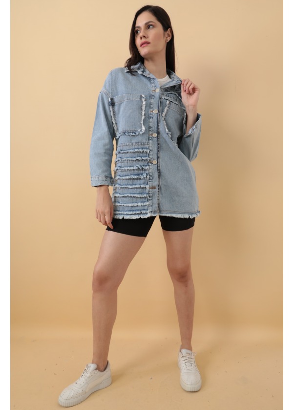 Tasarım Denim Lazer Püsküllü Uzun Kot Gömlek