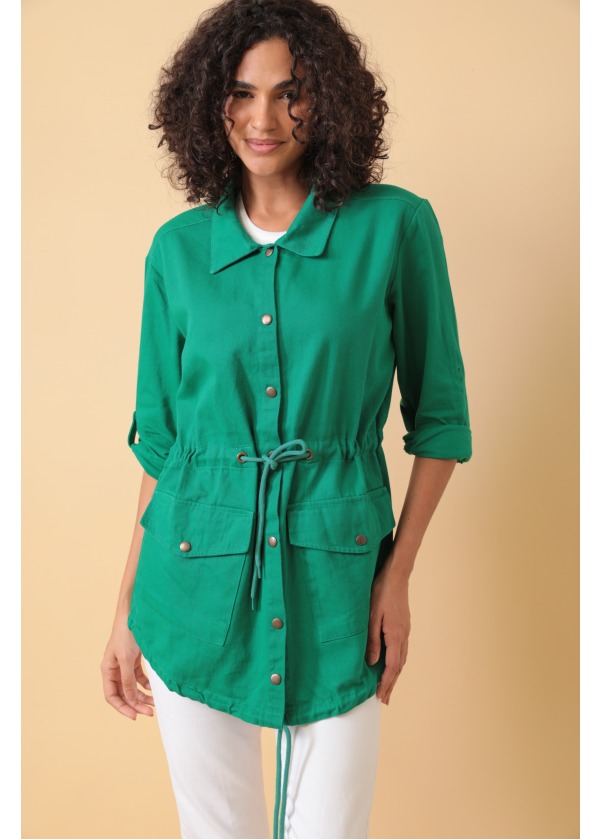 Sırt Baskı Detaylı Belden Bağlamalı Cift Cepli Düğmeli Benotton Uzun Salaş Gömlek