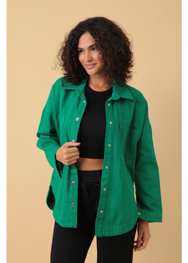 Çift Cepli Gabardin Yeşil Kalın Gömlek