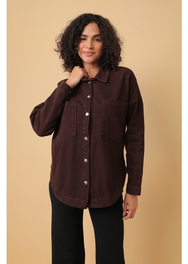 Çift Cepli Gabardin Kahve Kalın Gömlek 