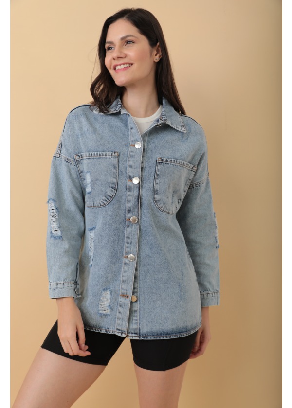 Çift Cepli Şimşek Nakışlı Kadın Kot Gömlek