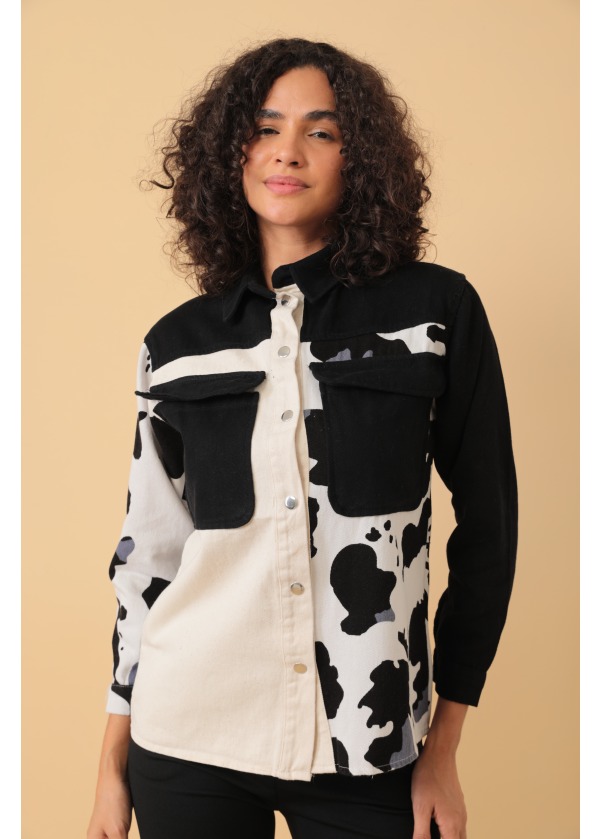 Desen Detaylı Cepli Şık Kadın Siyah Gömlek