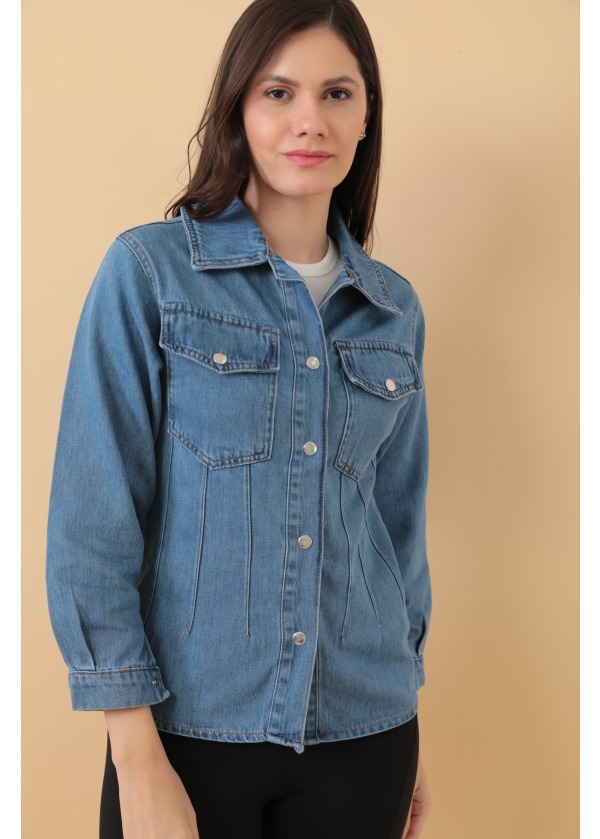 Çift Cepli Çıtçıtlı Pens Detay Kadın Kot Gömlek