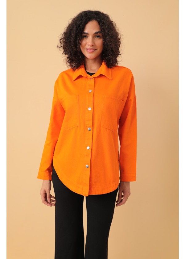 Çift Cepli Gabardin Turuncu Kalın Gömlek