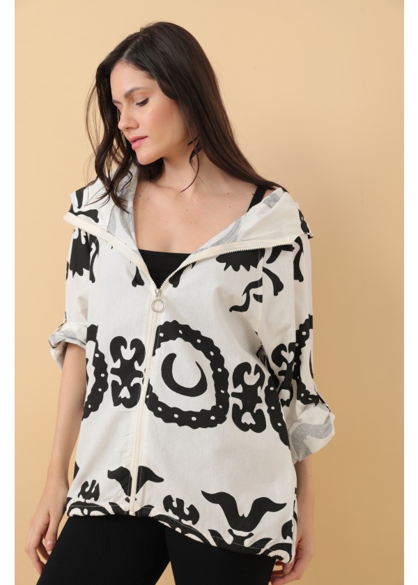 Kapüşonlu Fermuarlı Baskılı Cep Detay Desenli Ekru Salaş Ceket 