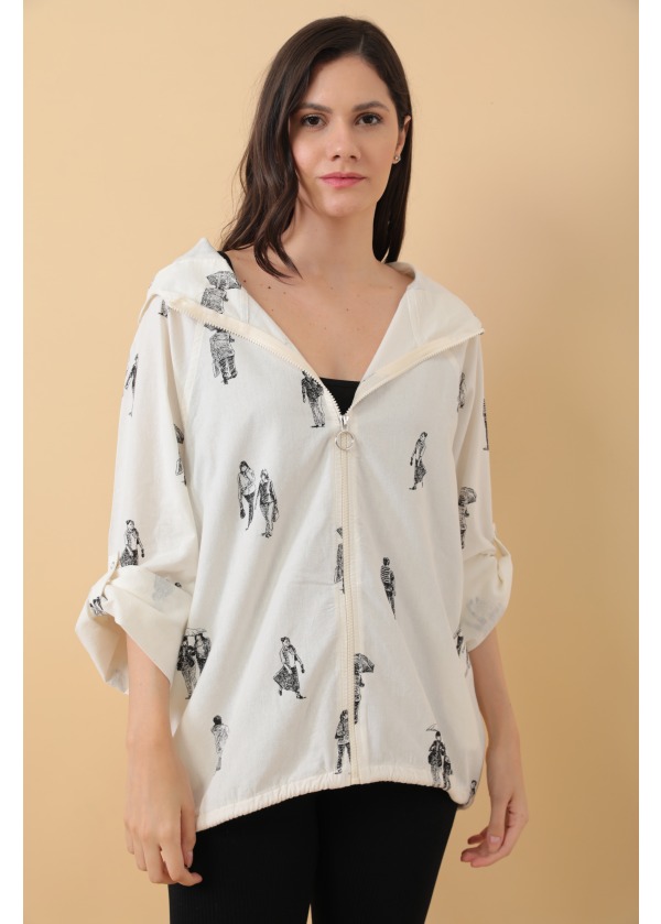 Kapüşonlu Fermuarlı Karakalem Baskılı Beyaz Salaş Ceket 