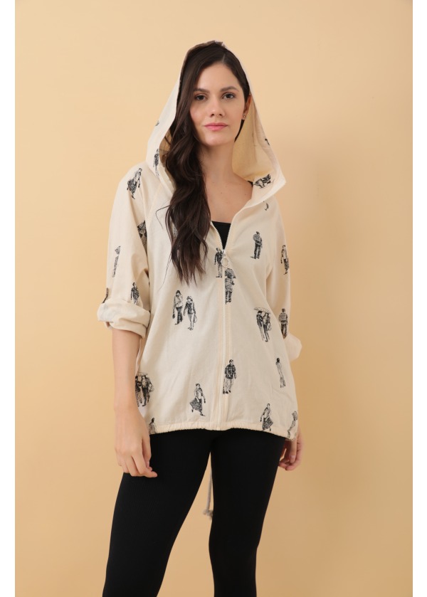 Kapüşonlu Fermuarlı Karakalem Baskılı Ekru Salaş Ceket 