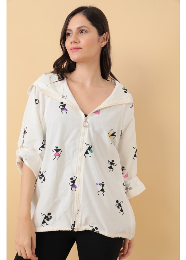 Kapüşonlu Fermuarlı Baskılı Safinaz Ham Beyaz Salaş Ceket 