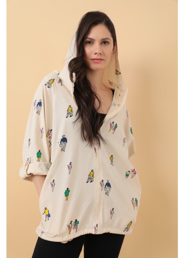 Kapüşonlu Fermuarlı Genç Baskılı Ekru Salaş Ceket 