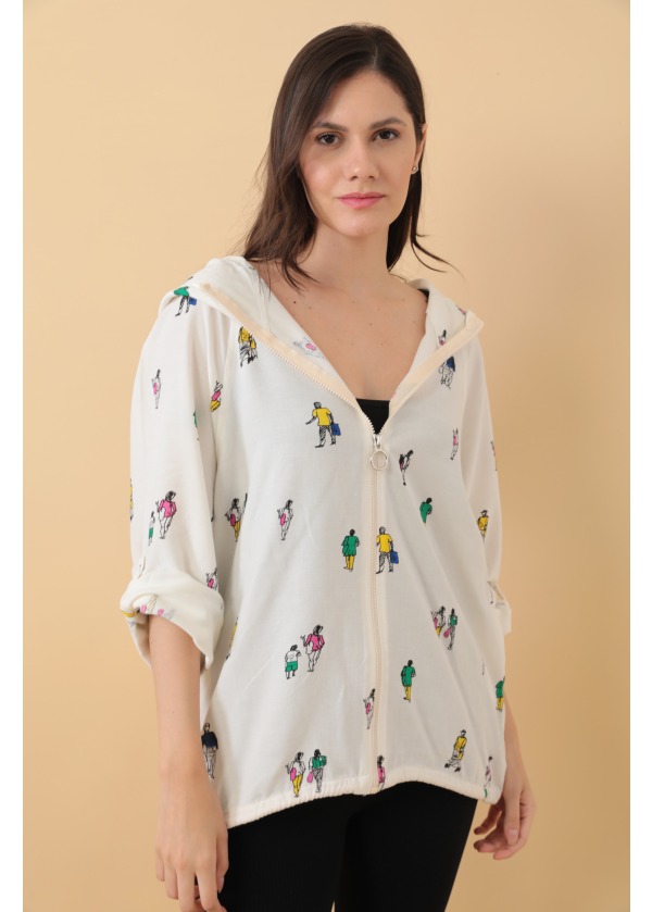 Kapüşonlu Fermuarlı Genç Baskılı Beyaz Salaş Ceket 
