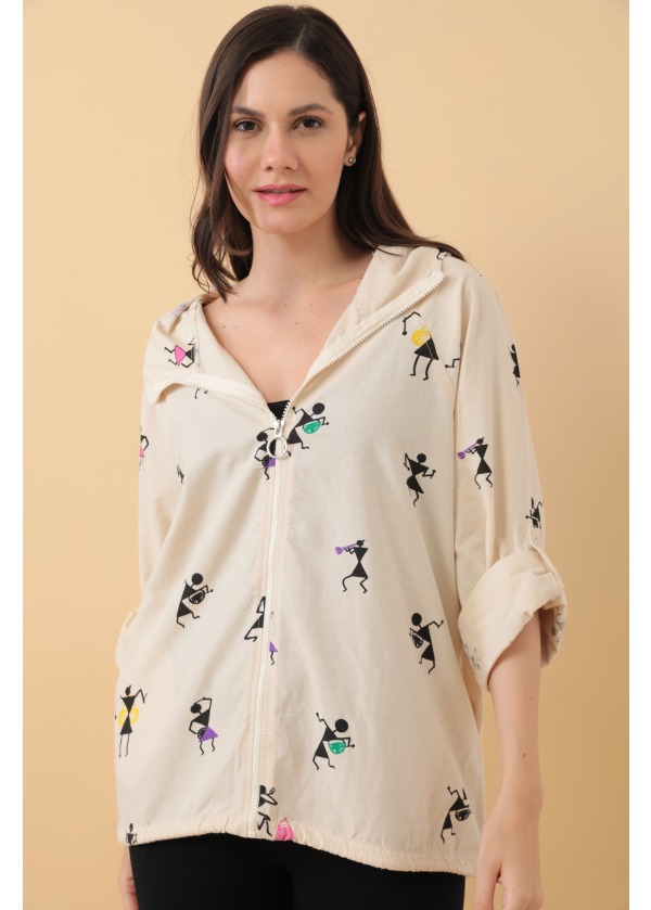 Kapüşonlu Fermuarlı Baskılı Safinaz Ekru Salaş Ceket 