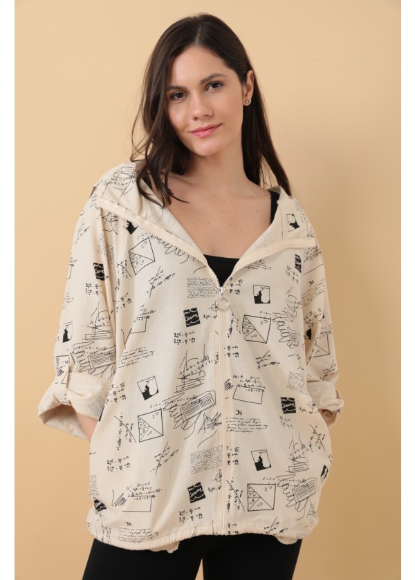 Kapüşonlu Fermuarlı Gazete Baskılı Ekru Salaş Ceket 