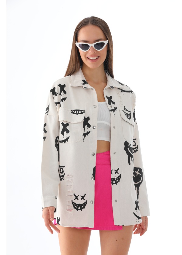 Smile Siyah Baskılı Lazer Kesim  Cepli Gömlek