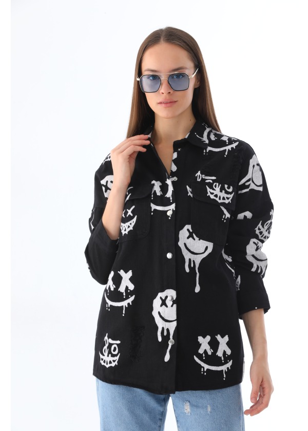 Smile Baskılı Lazerli Cıtcıt Düğmeli Siyah Gömlek