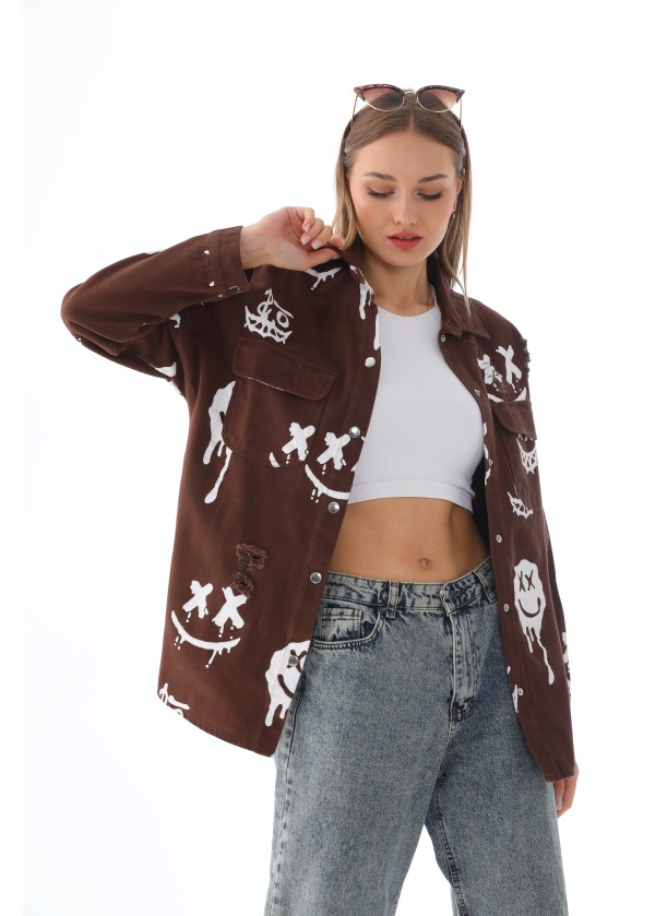 Smile Baskılı Lazerli Cıtcıt Düğmeli Kahve Gömlek 