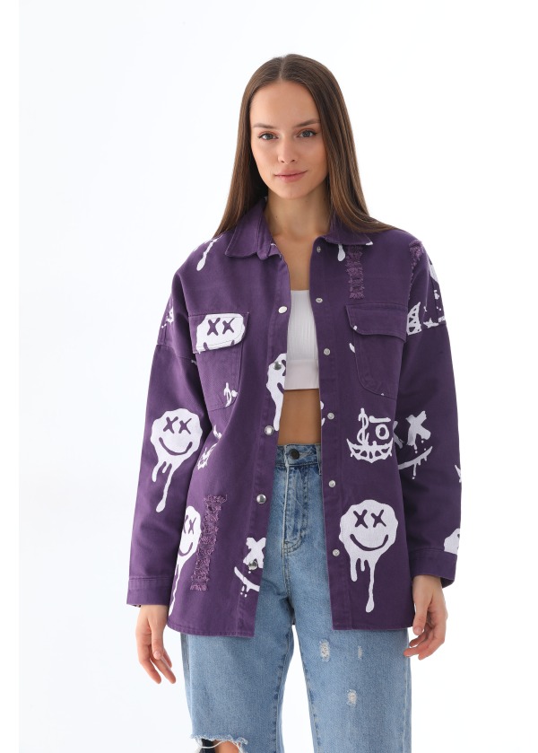 Smile Baskılı Lazerli Cıtcıt Düğmeli Mor Gömlek 