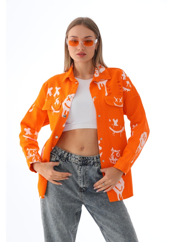 Smile Baskılı Lazerli Cıtcıt Düğmeli Oranj Gömlek 