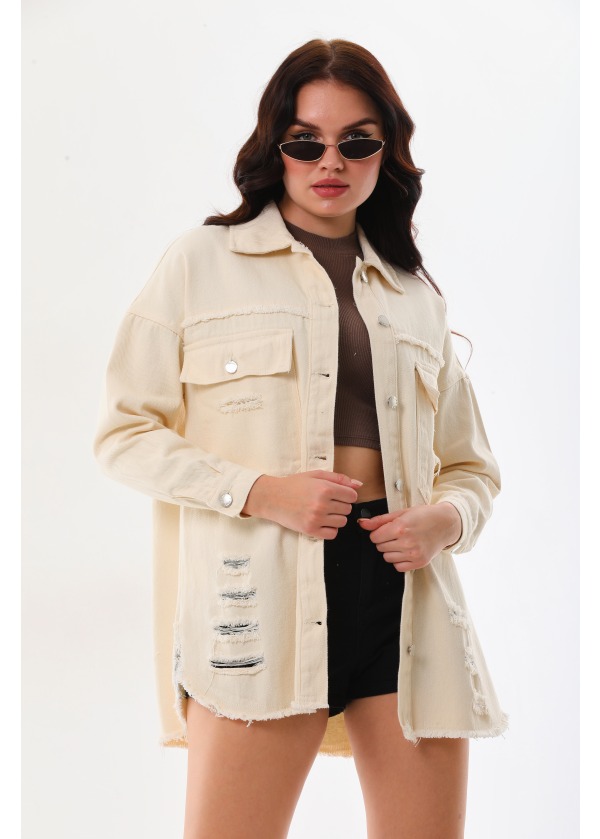 Eskitmeli Cift Cepli Gabardin Ekru Gömlek 