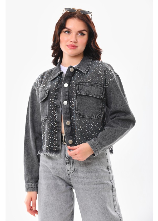 Taş Detaylı Tasarım Siyah Kısa Kot Ceket