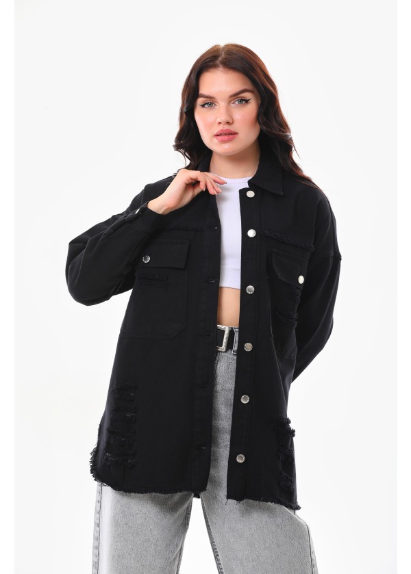 Eskitmeli Cift Cepli Gabardin Siyah Gömlek