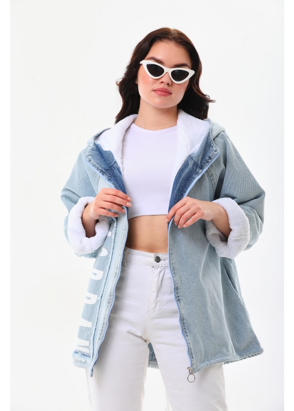 İçi Kürkü Jordan Baskılı Uzun  Kapüşonlu Fermuarlı Salaş Ceket