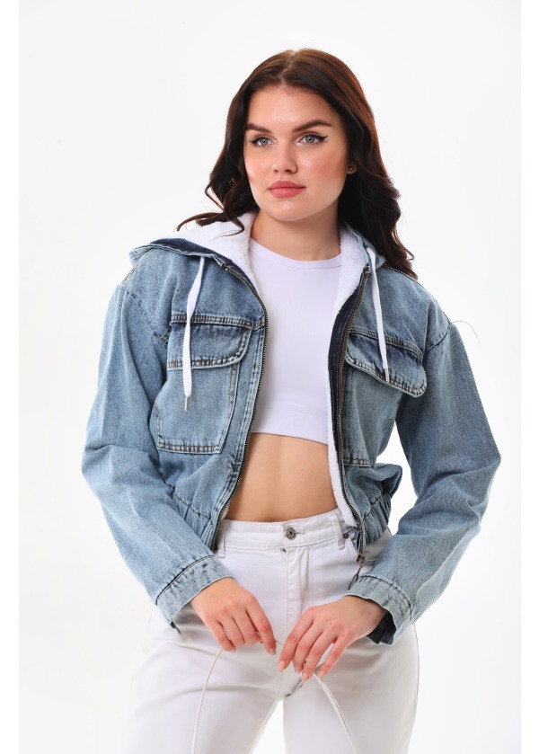 İçi Kürklü Kapüşonlu Fermuarlı Tasarım Crop Ceket