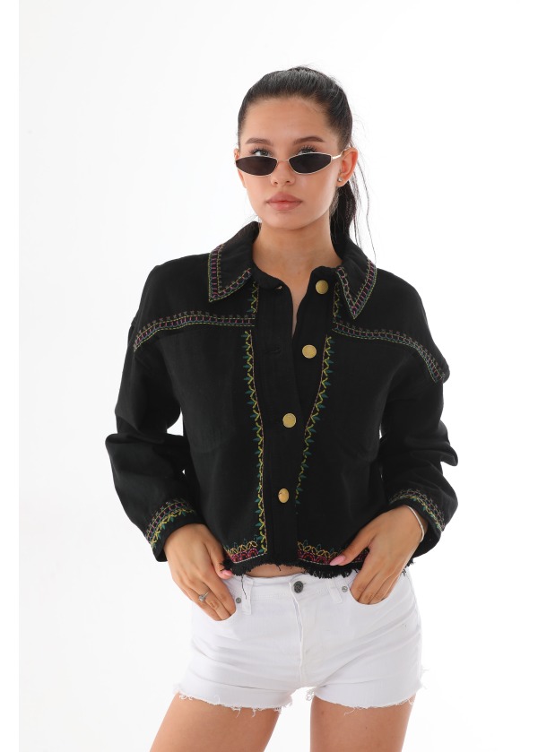 Nakış İşlemeli Cep Detay Kadın Kısa Siyah Ceket 