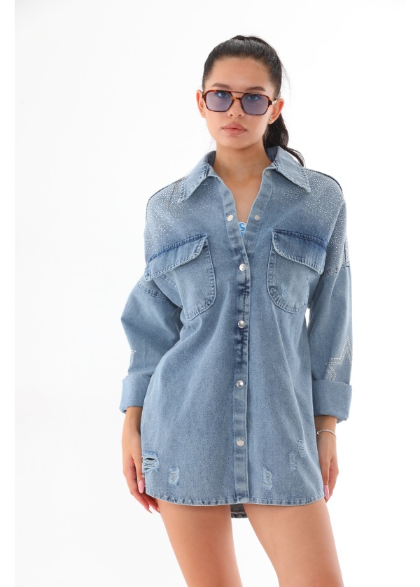 Taş İşlemeli Kadın Mavi Kot Gömlek