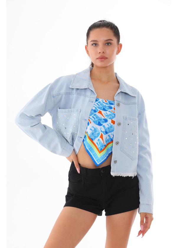 Cep  Detay Taşlı Kısa Denim Kot Ceket