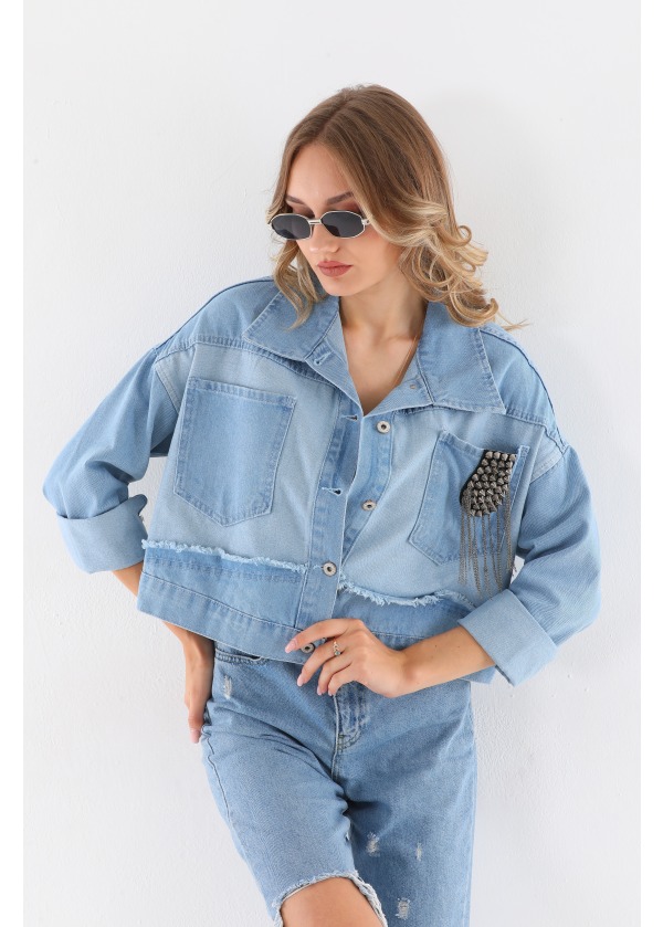 Zımba Detay İki Renk Mavi Kot Ceket
