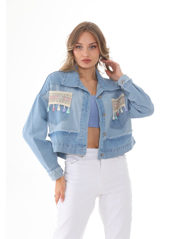Dantel Detaylı Kısa Düğmeli Denim Kot Ceket