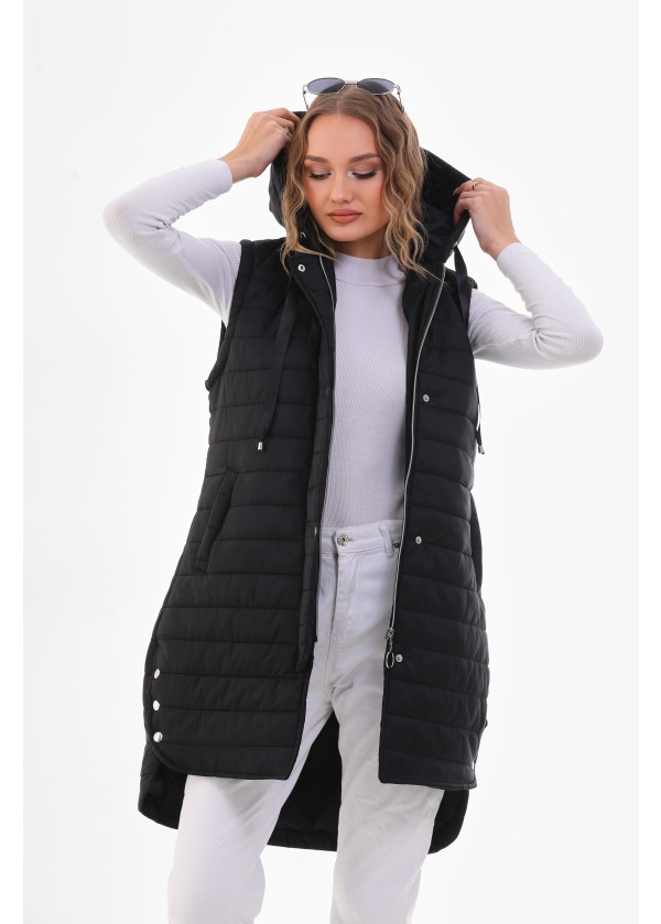 Kapüşonlu Uzun Siyah Şişme Yelek 